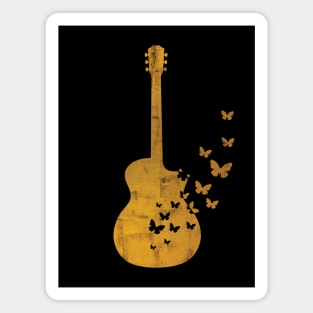 Acoustic Guitar Silhouette Turning Into Butterflies Gold Magnet